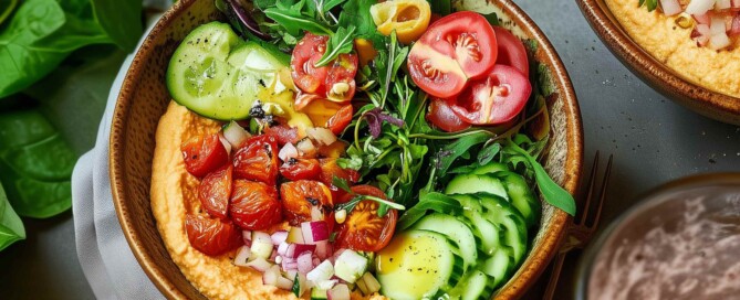 imagen de un bol de receta fitness ensalada con quinoa, hummus y tomate seco