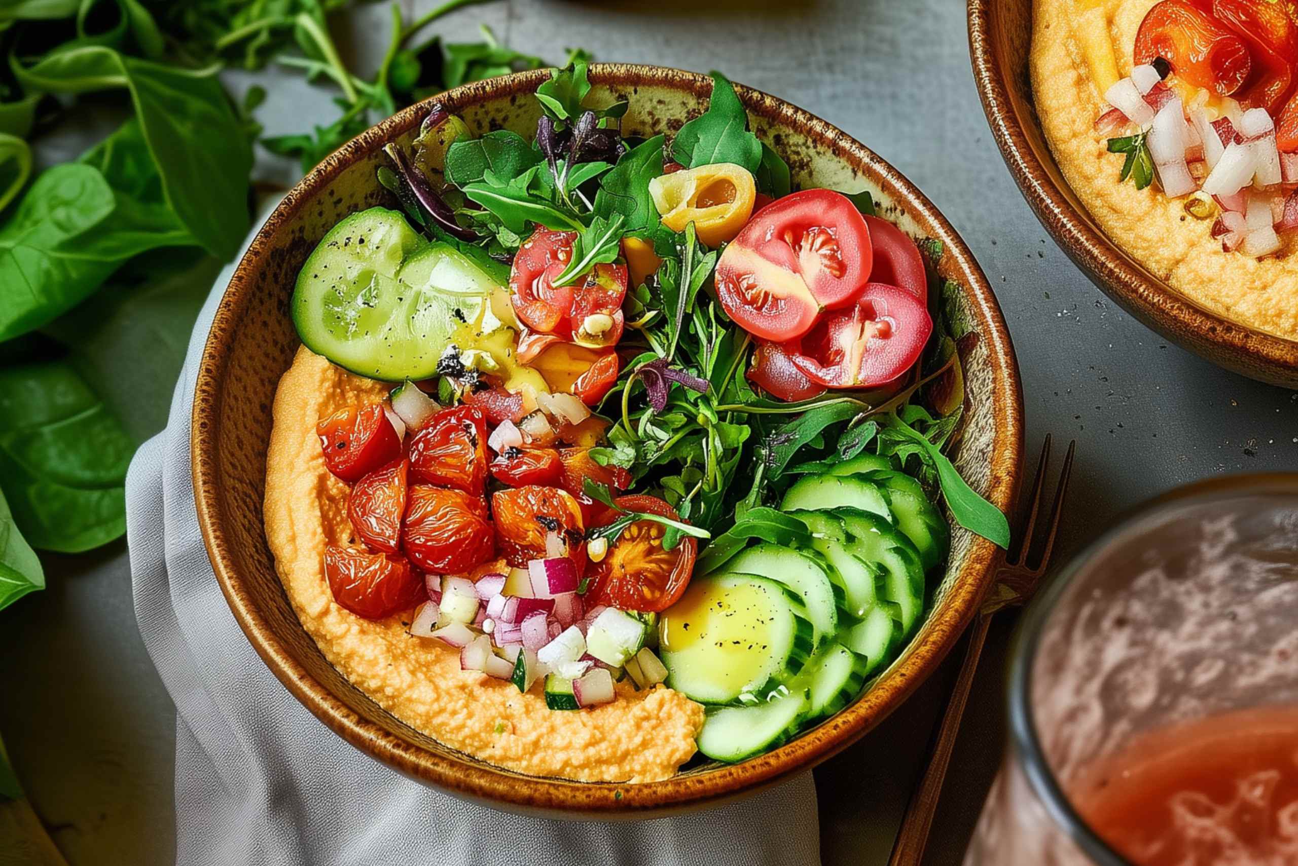 imagen de un bol de receta fitness ensalada con quinoa, hummus y tomate seco