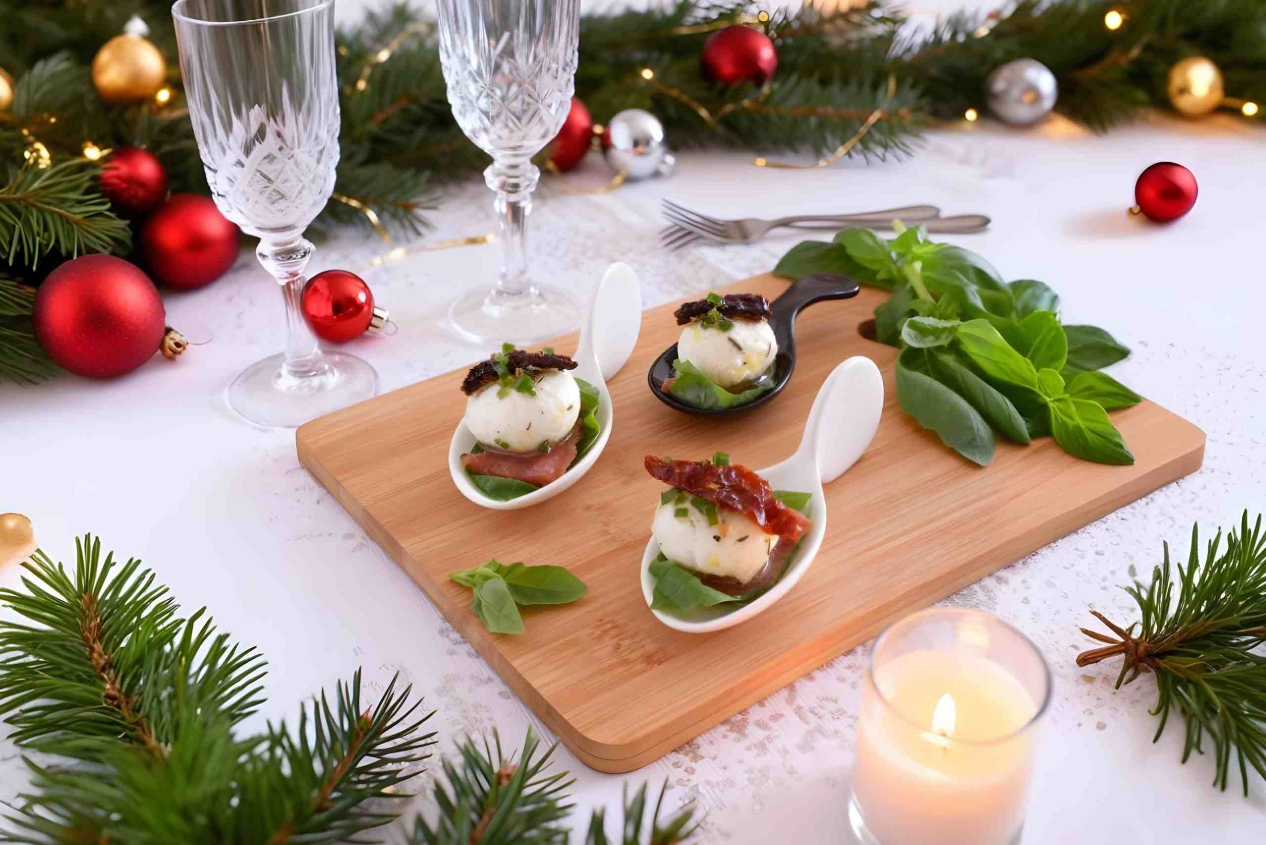 Canapés baratos y elegantes: cucharitas de mozzarella marinada con sardina y albahaca