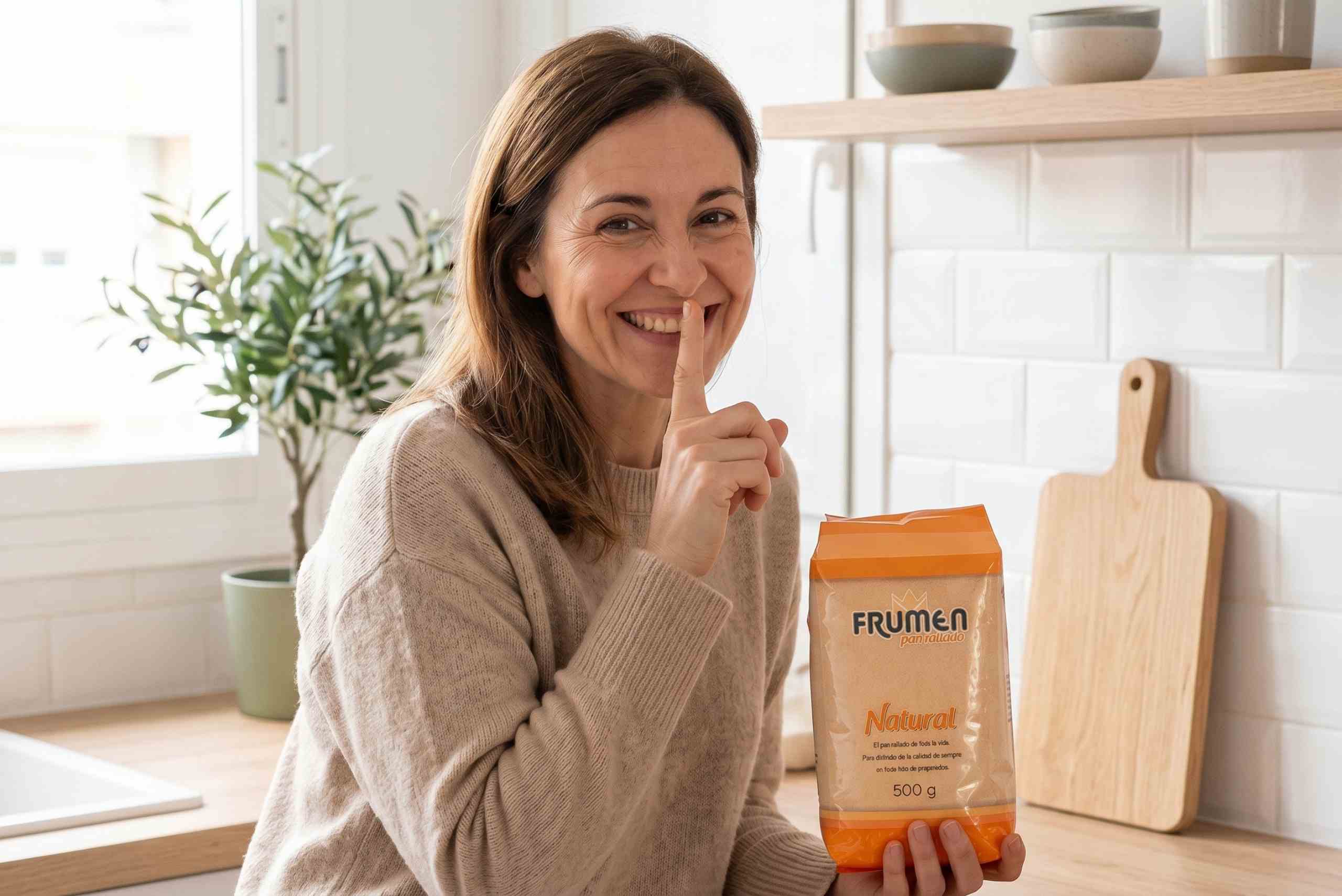 Mujer sonriente mostrando un paquete de pan rallado Frumen, demostrando secretos para lograr platos crujientes y sabrosos en la cocina.