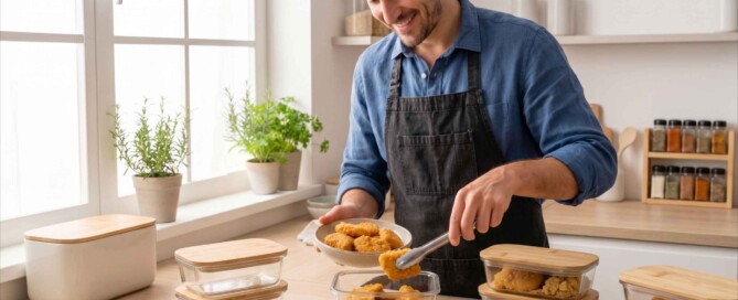 Un hombre sonriente en la cocina con delantal organiza sus tápers de batch cooking de junio guardando nuggets y bastones crujientes preparados con pan rallado Frumen.