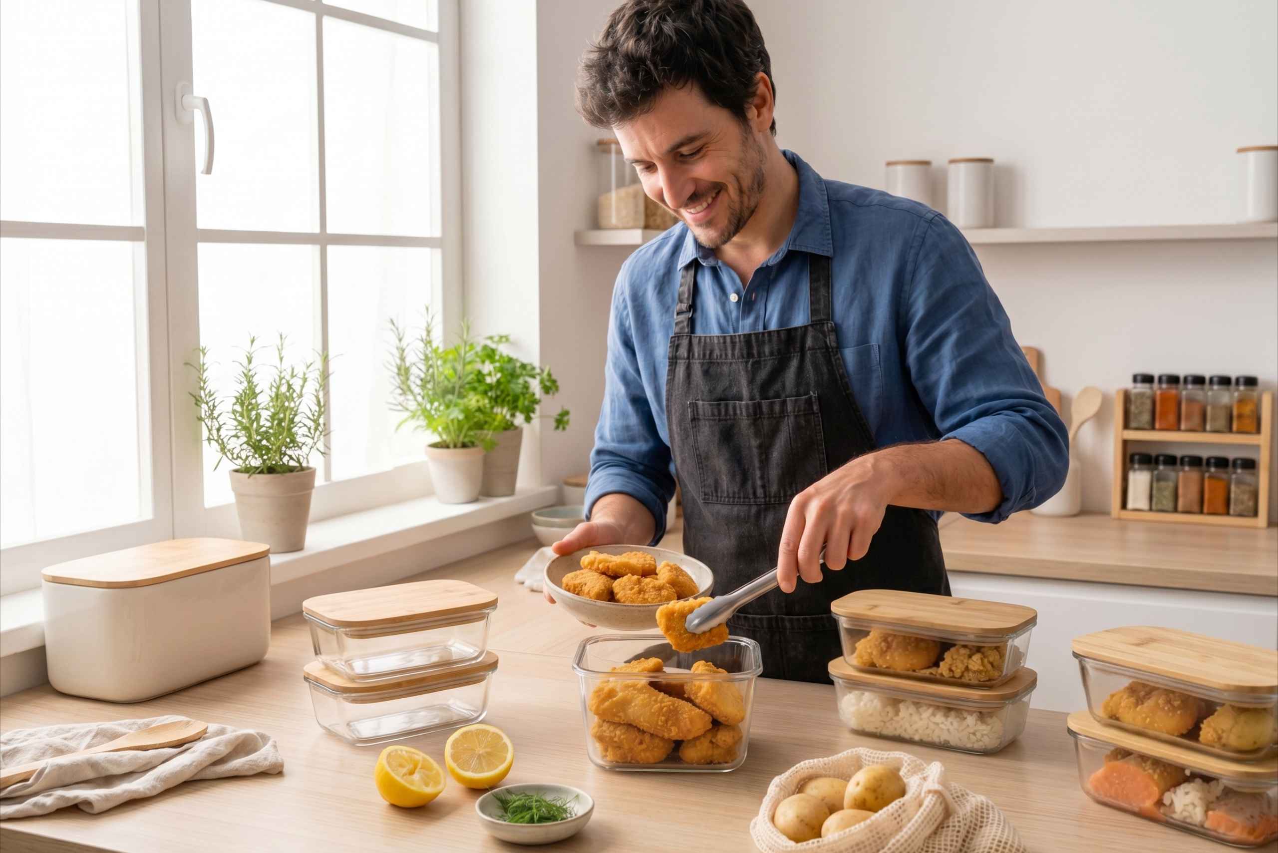 Un hombre sonriente en la cocina con delantal organiza sus tápers de batch cooking de junio guardando nuggets y bastones crujientes preparados con pan rallado Frumen.
